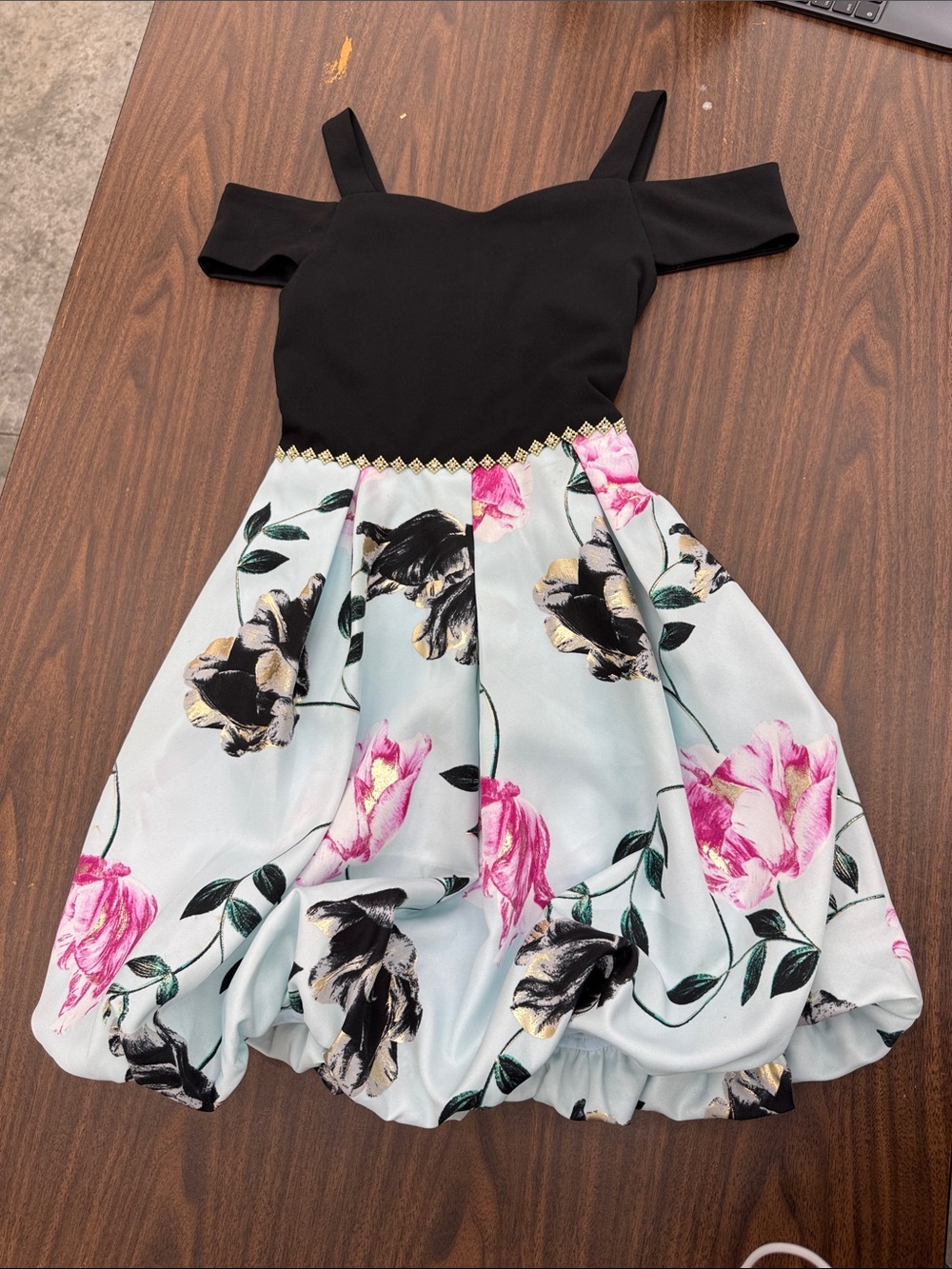 Speechless Black Bodice Floral Party Dress with Pink & Gold Accents